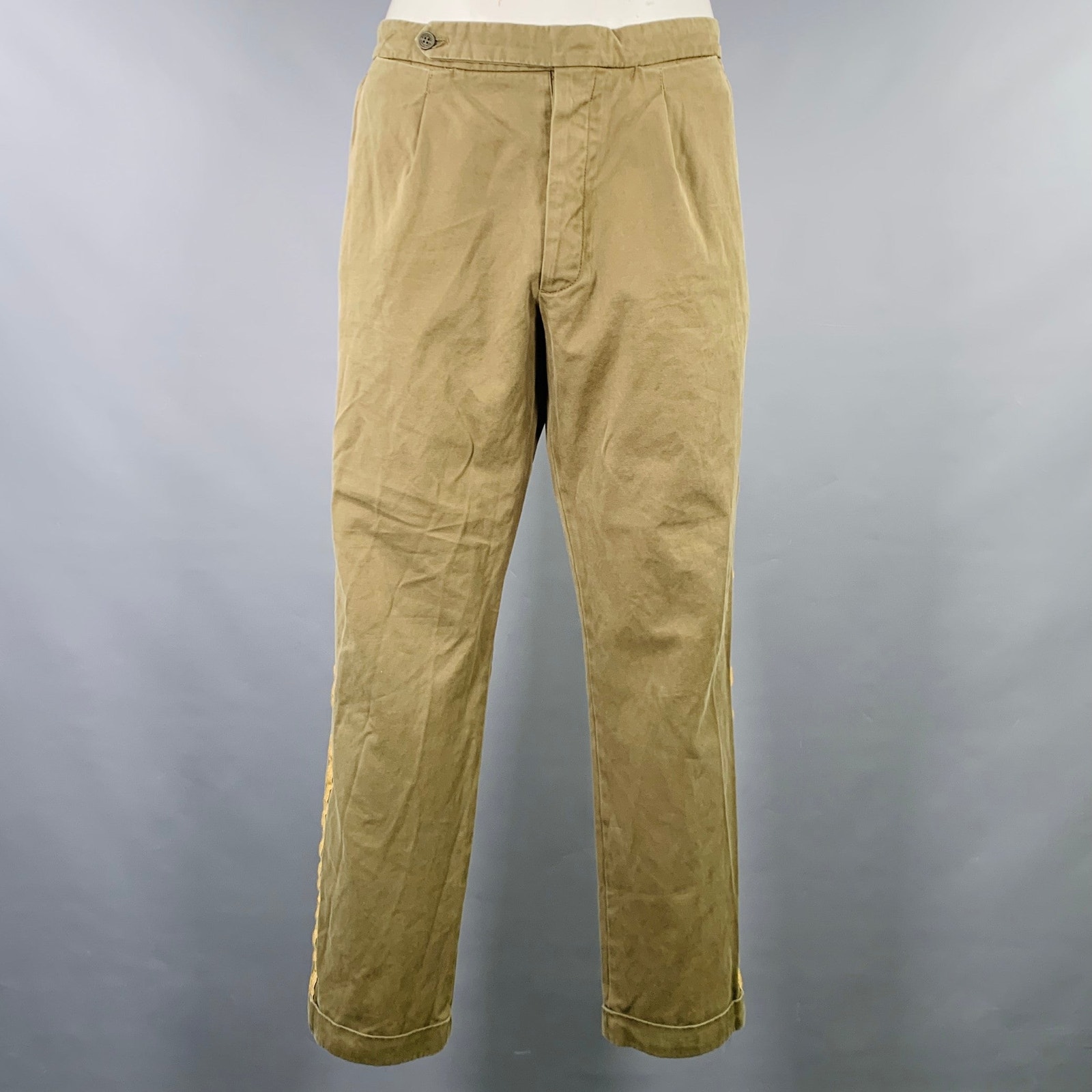 Palm Angels Size 38 Green Gold Striped Trim Cotton Chino Casual Pants